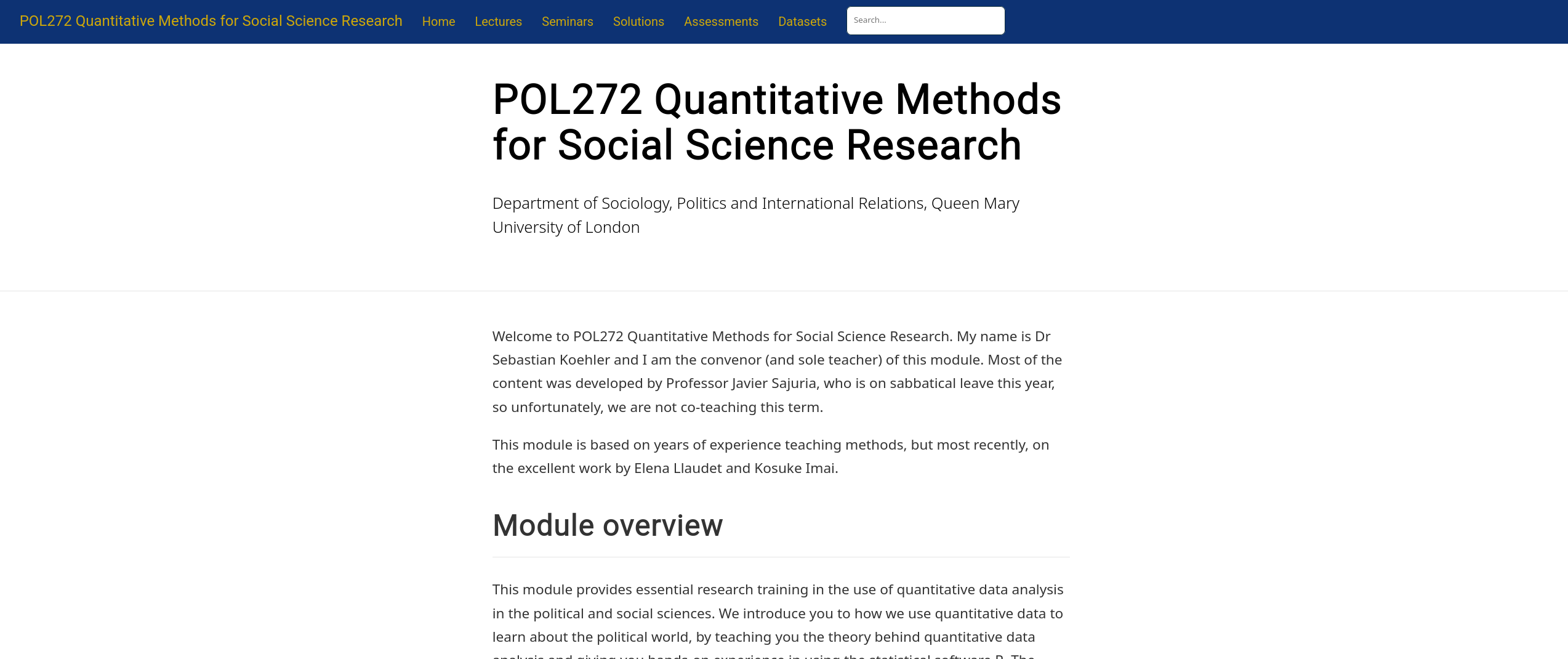 Screenshot of course website